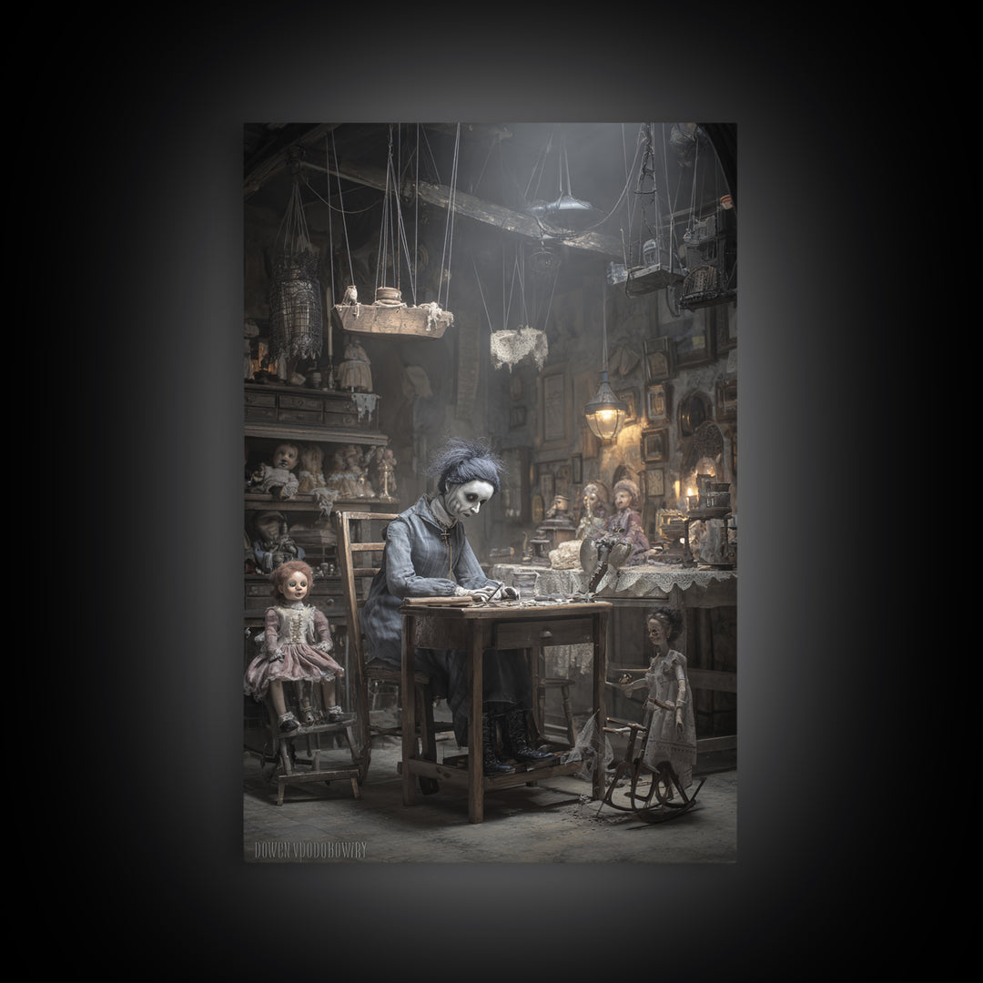 The Dollmaker Of Hollow Ward, Victorian Macabre Art, Vertical Wall Art, Macabre Wall Art, Canvas Print, Halloween Wall Art