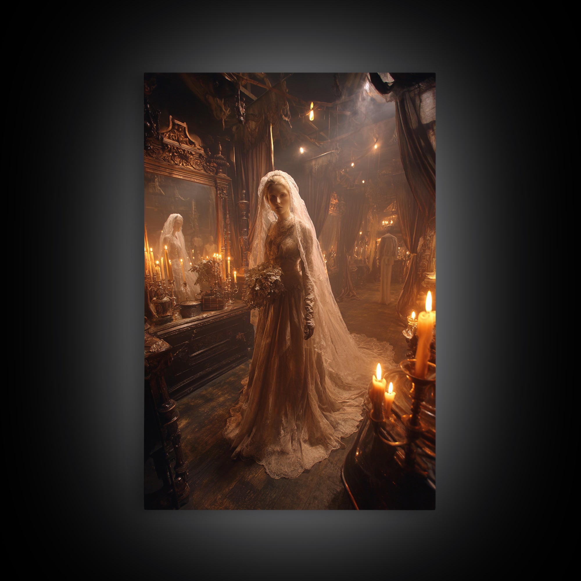 The Wax Bride Of Mourning Hall, Gothic Engraving Art, Vertical Wall Art, Dark Halloween Decor, Canvas Print, Halloween Wall Art