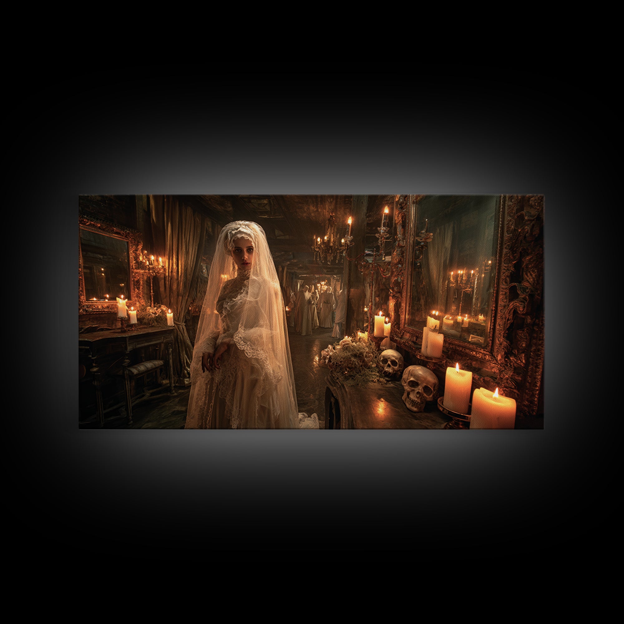 The Wax Bride Of Mourning Hall, Grotesque Carnival Art, Wide Panoramic Art, Gothic Horror Wall Art, Canvas Print, Halloween Wall Art