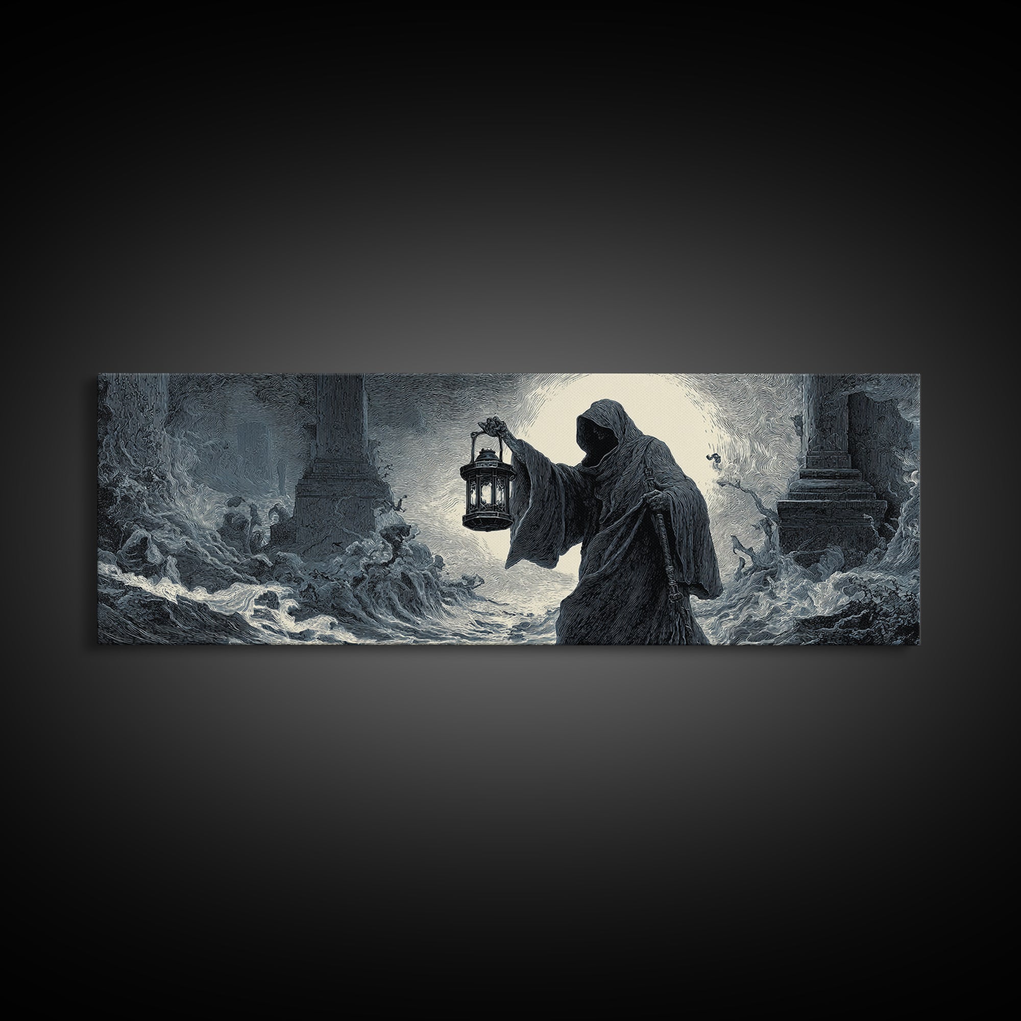 The Lantern-Bearer Of R’Lyeh, Gothic Engraving Art, Extra Wide Wall Art, Dark Fantasy Wall Art, Canvas Print, Halloween Wall Art