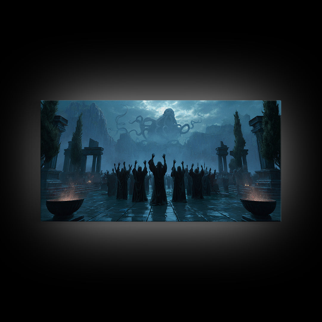 The Choir Of Deepwater Acolytes, Symbolist Gothic Landscape, Wide Panoramic Art, Macabre Wall Art, Canvas Print, Halloween Wall Art