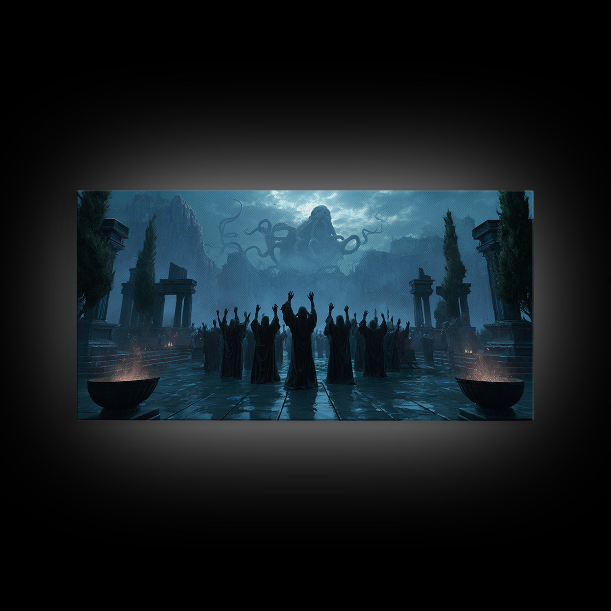 The Choir Of Deepwater Acolytes, Symbolist Gothic Landscape, Wide Panoramic Art, Macabre Wall Art, Canvas Print, Halloween Wall Art