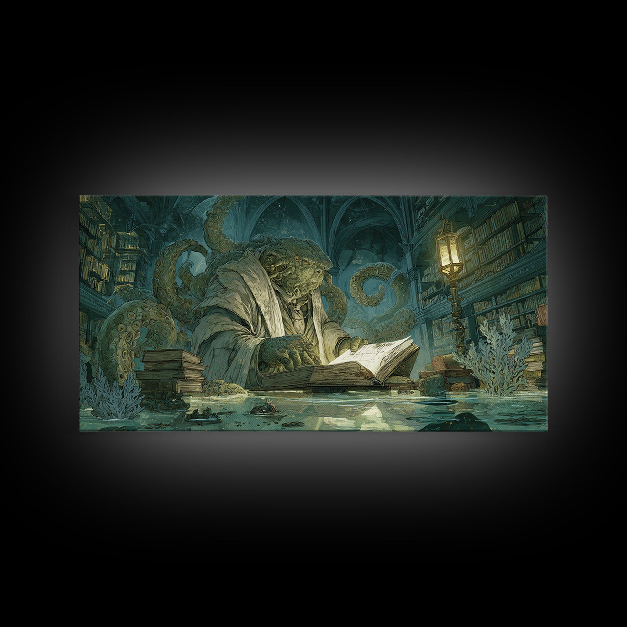 The Librarian Of Forbidden Tides, Expressionist Nightmare Art, Wide Panoramic Art, Macabre Wall Art, Canvas Print, Halloween Wall Art