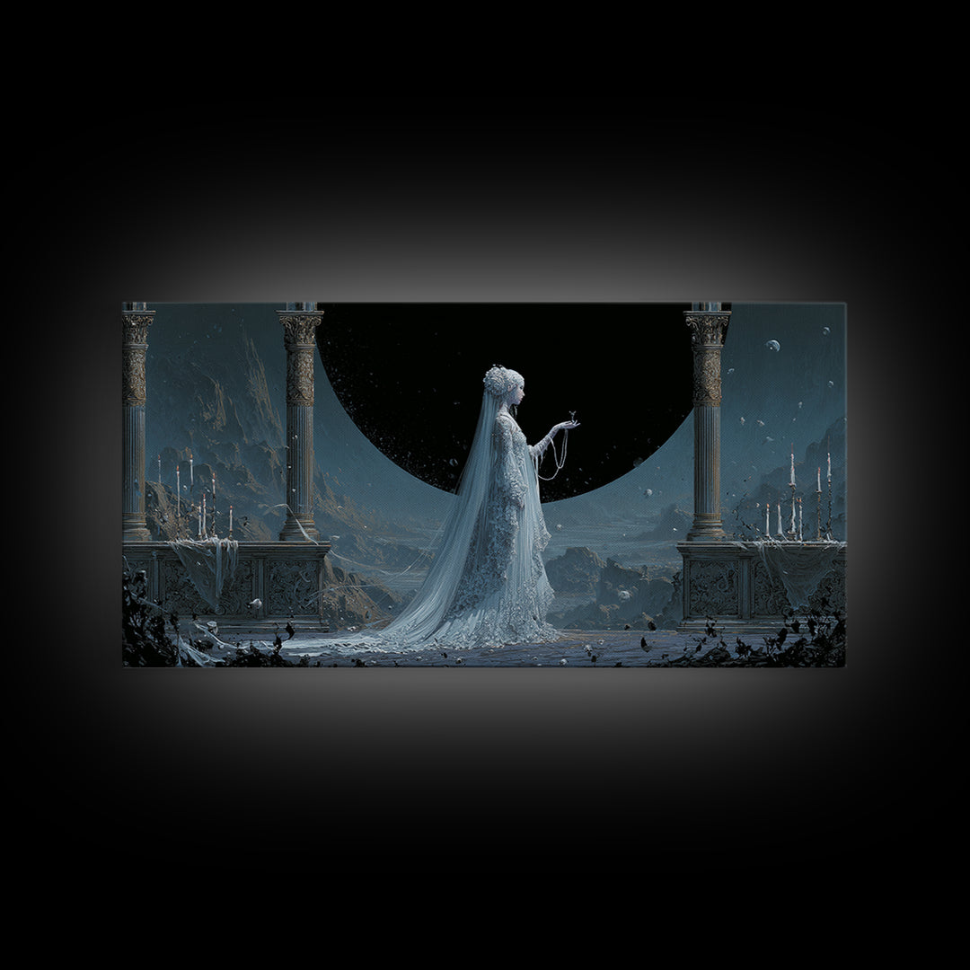 The Bride Of The Abyssal Moon, Apocalyptic Romantic Art, Wide Panoramic Art, Cosmic Horror Art, Canvas Print, Halloween Wall Art