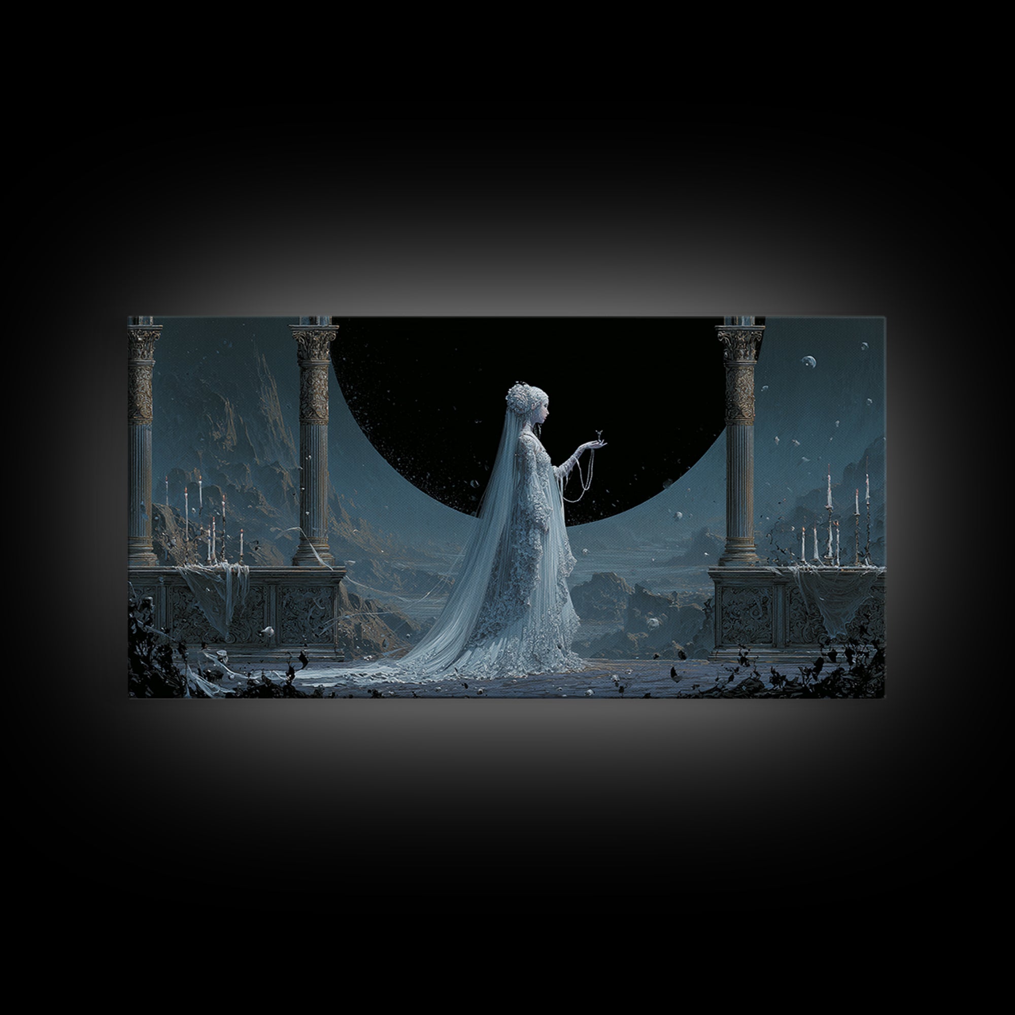The Bride Of The Abyssal Moon, Apocalyptic Romantic Art, Wide Panoramic Art, Cosmic Horror Art, Canvas Print, Halloween Wall Art