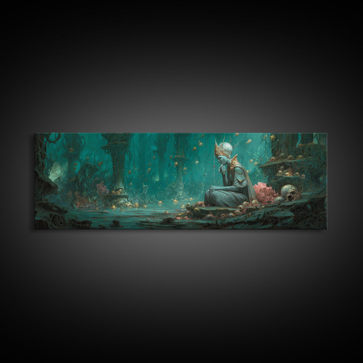 The Watcher In The Coral Throne, Gothic Storybook Art, Extra Wide Wall Art, Gothic Horror Wall Art, Canvas Print, Halloween Wall Art