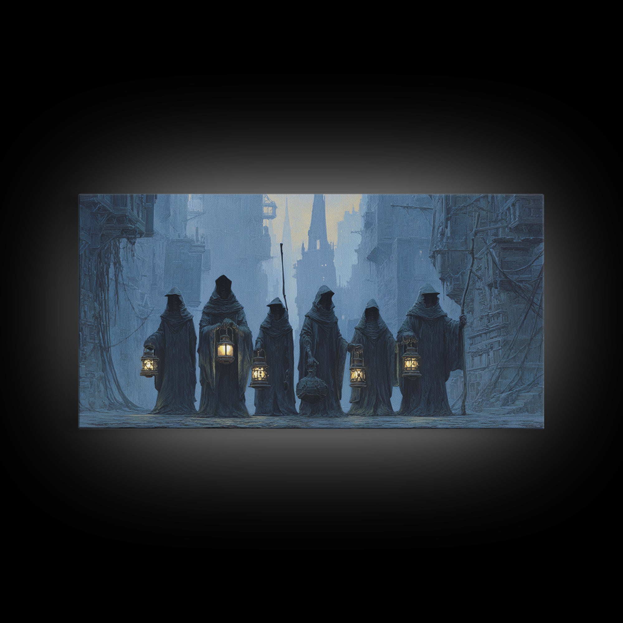 The Innsmouth Lantern Procession, Gothic Engraving Art, Wide Panoramic Art, Gothic Horror Wall Art, Canvas Print, Halloween Wall Art