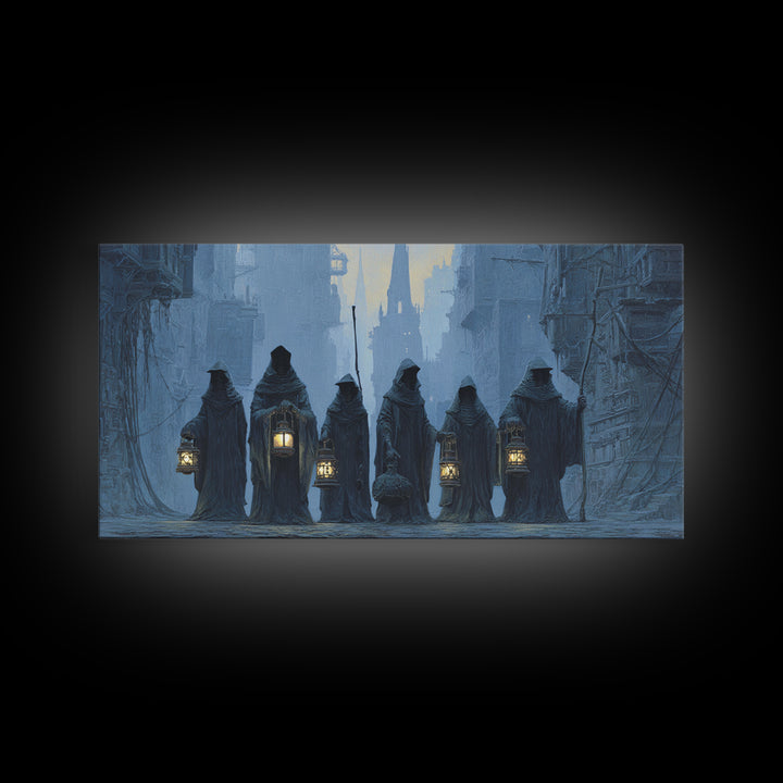 The Innsmouth Lantern Procession, Gothic Engraving Art, Wide Panoramic Art, Gothic Horror Wall Art, Canvas Print, Halloween Wall Art