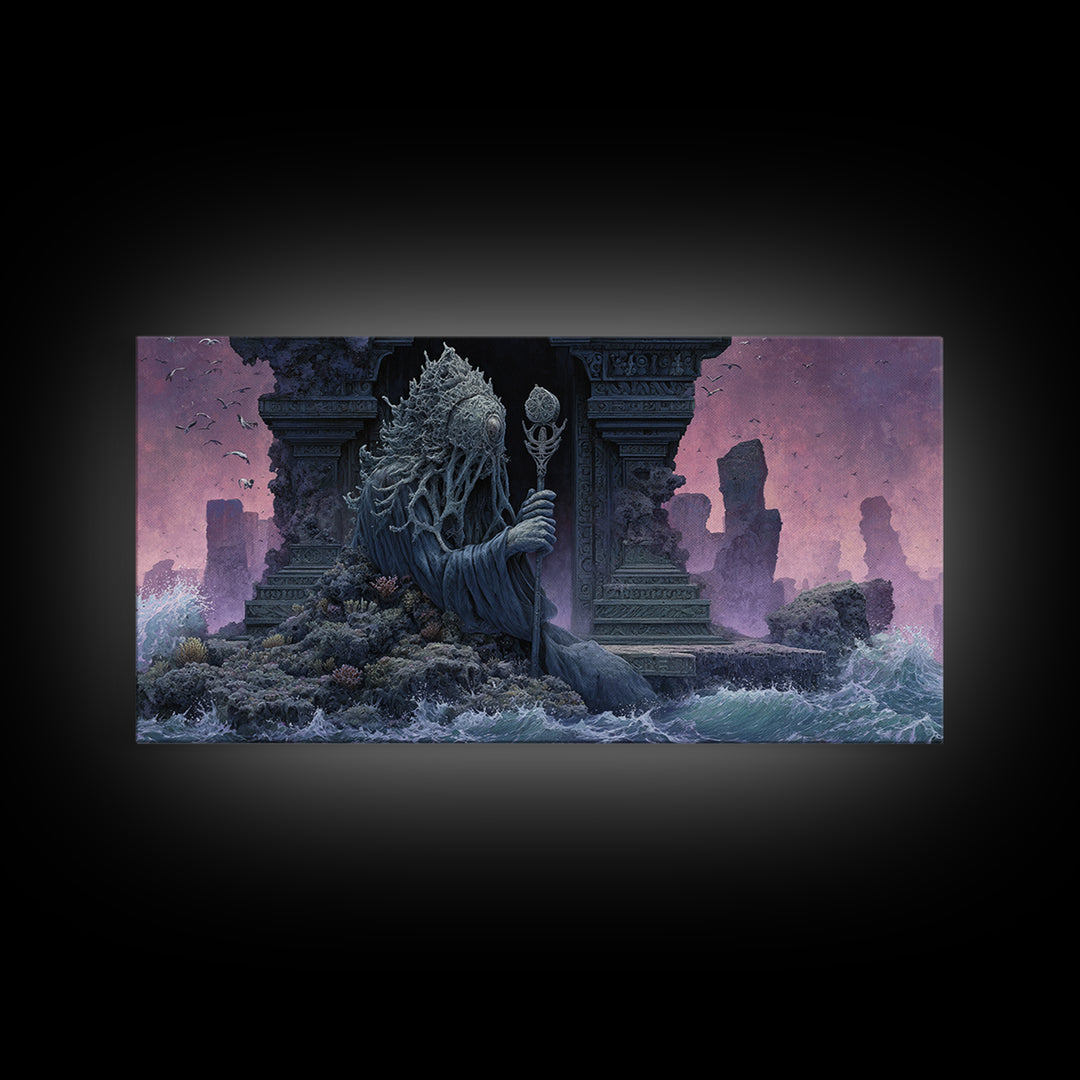 The Keeper Of The Black Reef Key, Symbolist Gothic Landscape, Wide Panoramic Art, Dark Fantasy Wall Art, Canvas Print, Halloween Wall Art