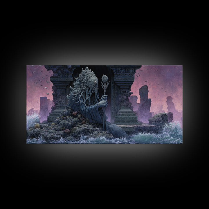 The Keeper Of The Black Reef Key, Symbolist Gothic Landscape, Wide Panoramic Art, Dark Fantasy Wall Art, Canvas Print, Halloween Wall Art