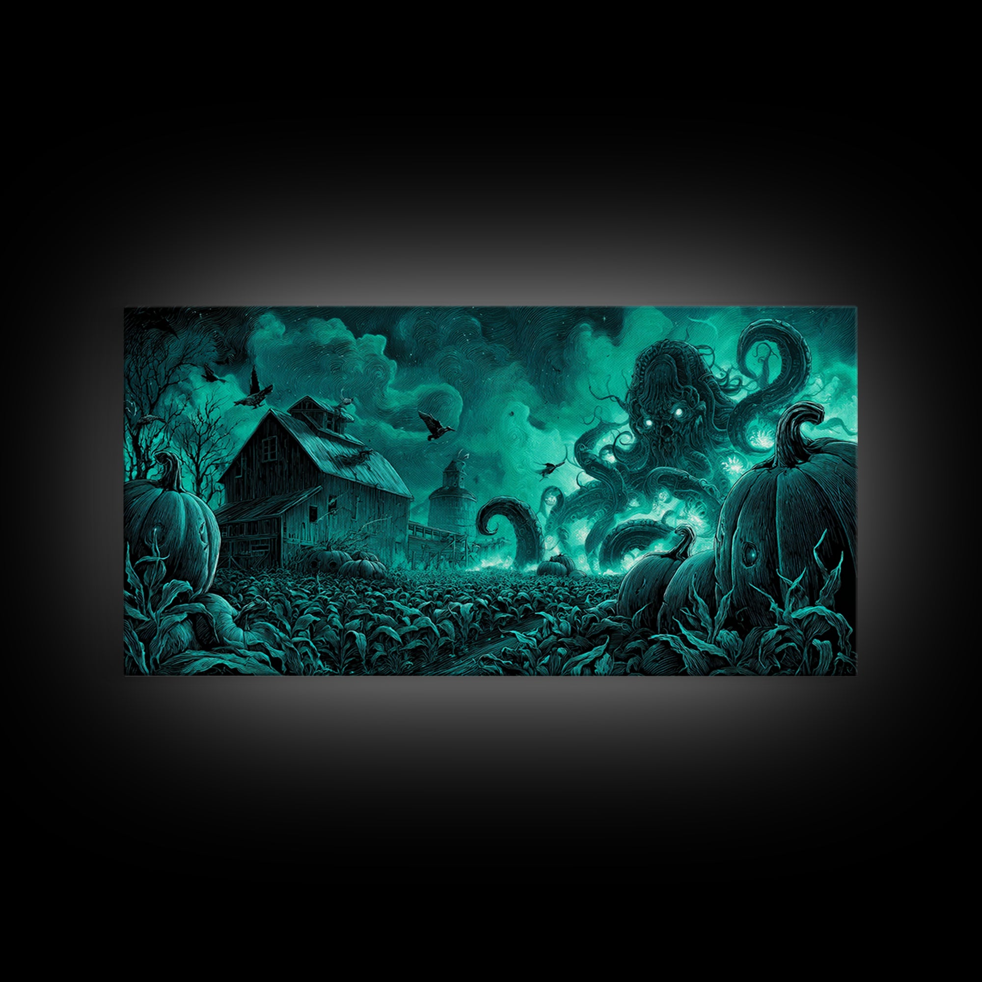 The Harvest Of The Eldritch Field, Biomechanical Horror Art, Wide Panoramic Art, Eldritch Wall Decor, Framed Canvas Print