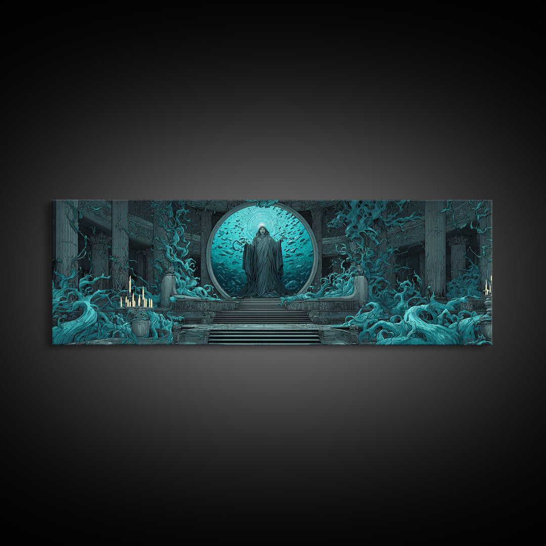 The Oracle Of The Glass Depths, Gothic Storybook Art, Extra Wide Wall Art, Eldritch Wall Decor, Framed Canvas Print, Horror Wall Art