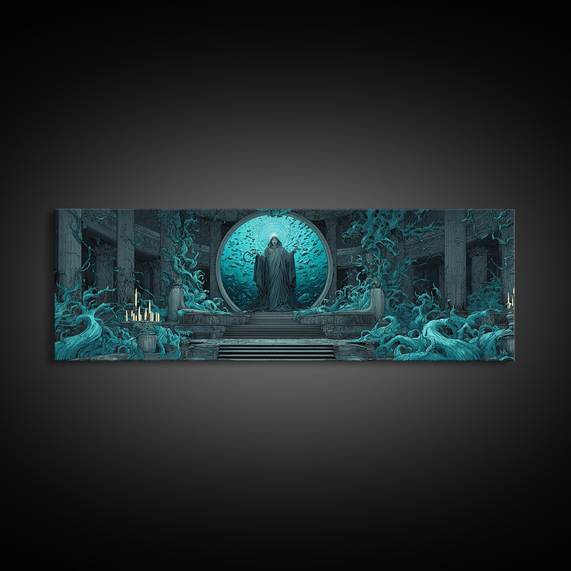 The Oracle Of The Glass Depths, Gothic Storybook Art, Extra Wide Wall Art, Eldritch Wall Decor, Framed Canvas Print, Horror Wall Art