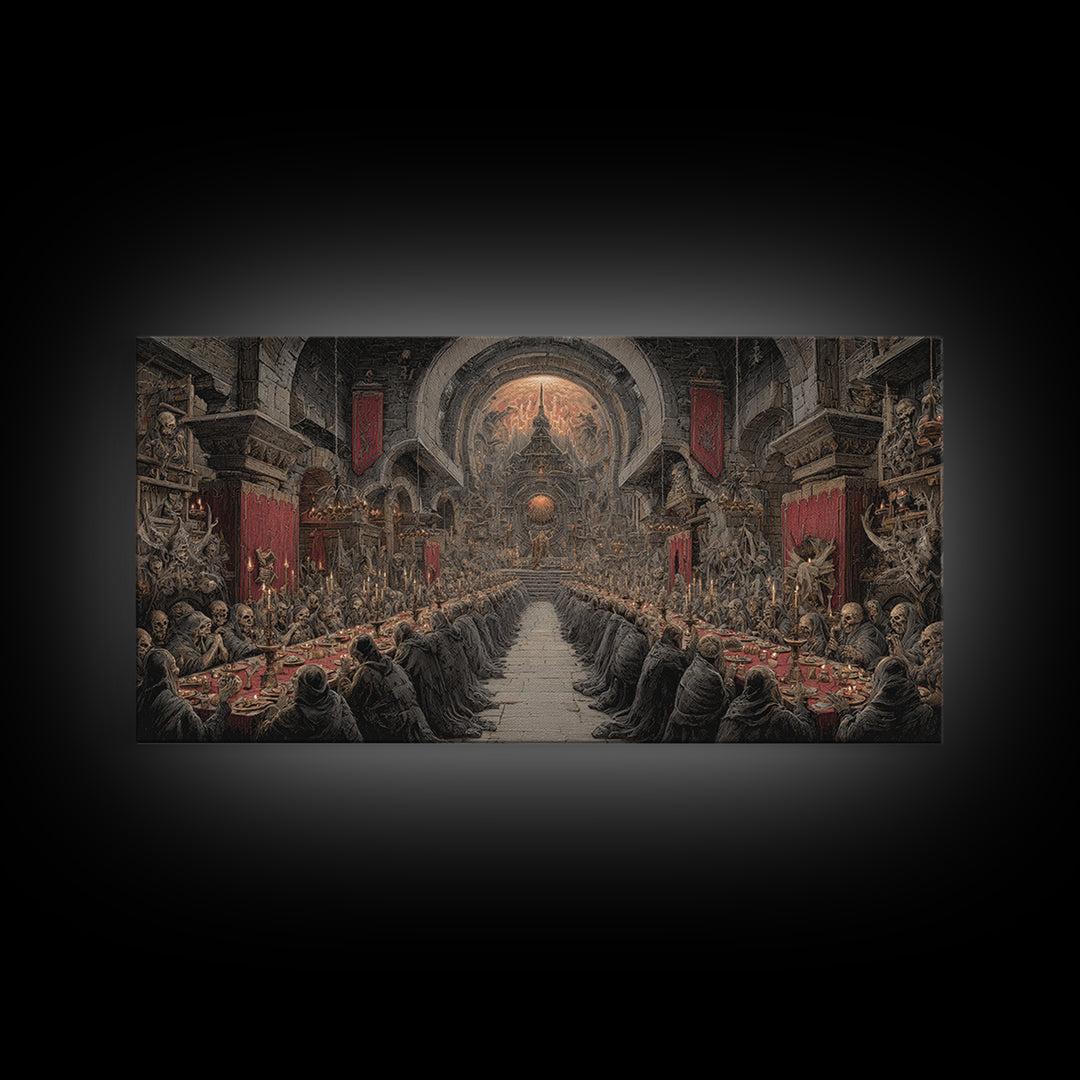 The Feast Of The Pale Cult, Grotesque Carnival Art, Wide Panoramic Art, Macabre Wall Art, Canvas Print, Halloween Wall Art