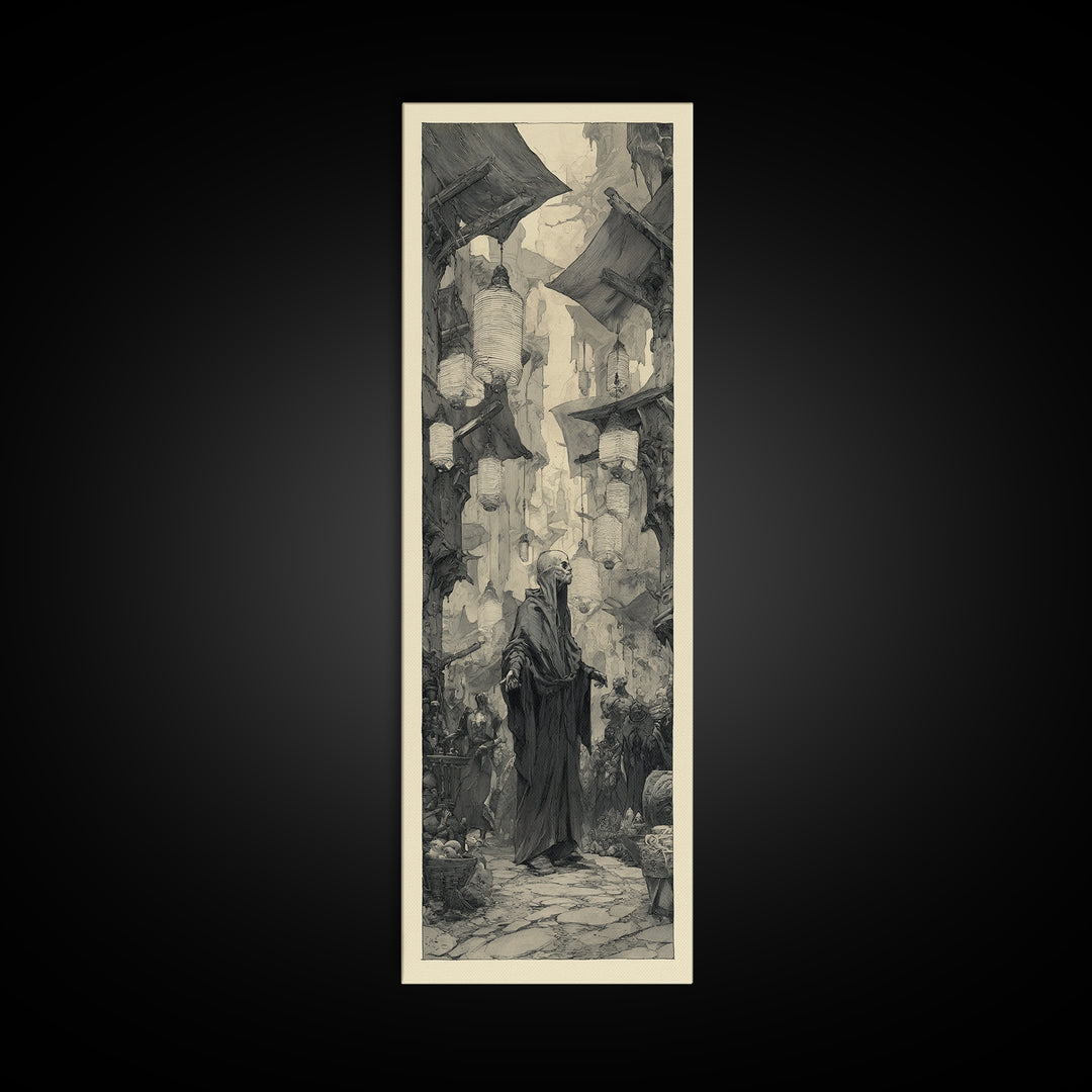 The Lantern Market Beyond The Veil, Expressionist Nightmare Art, Tall Narrow Wall Art, Dark Halloween Decor, Framed Canvas Print