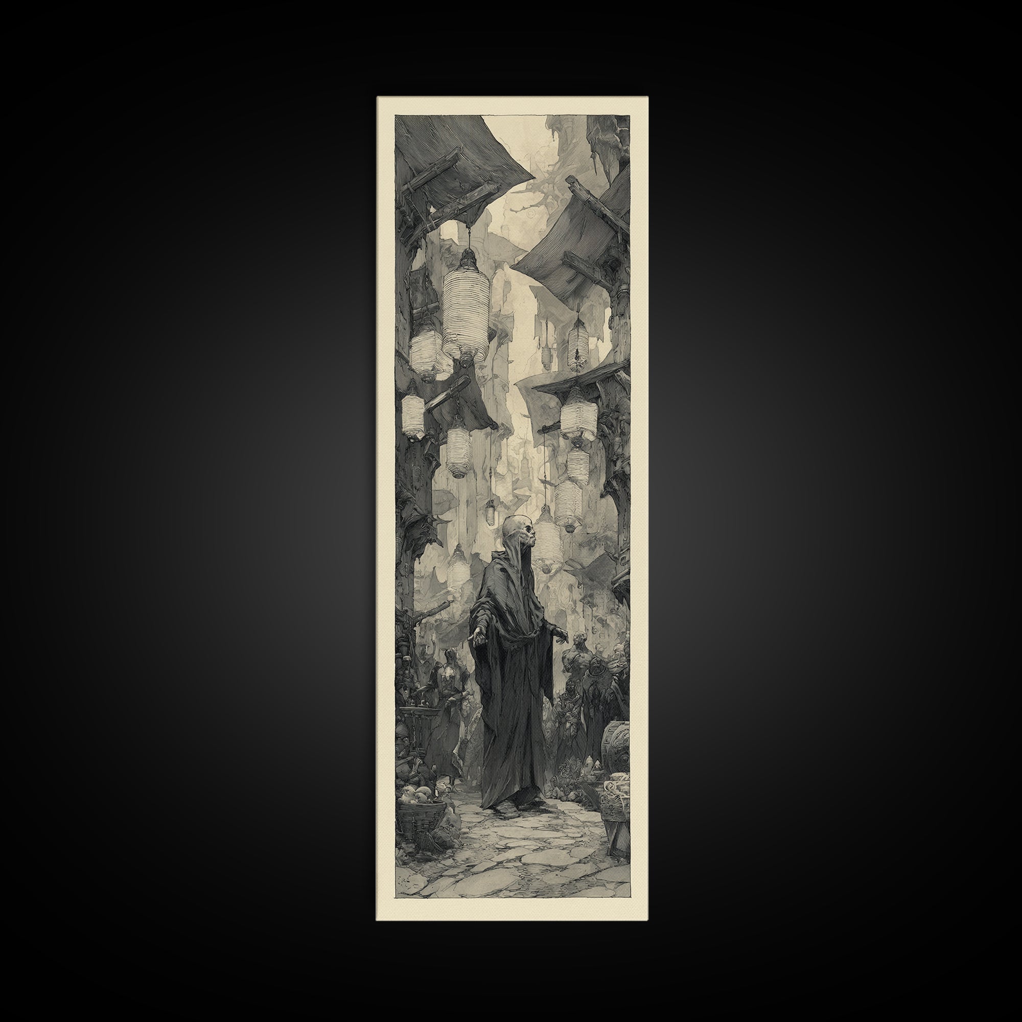 The Lantern Market Beyond The Veil, Expressionist Nightmare Art, Tall Narrow Wall Art, Dark Halloween Decor, Framed Canvas Print