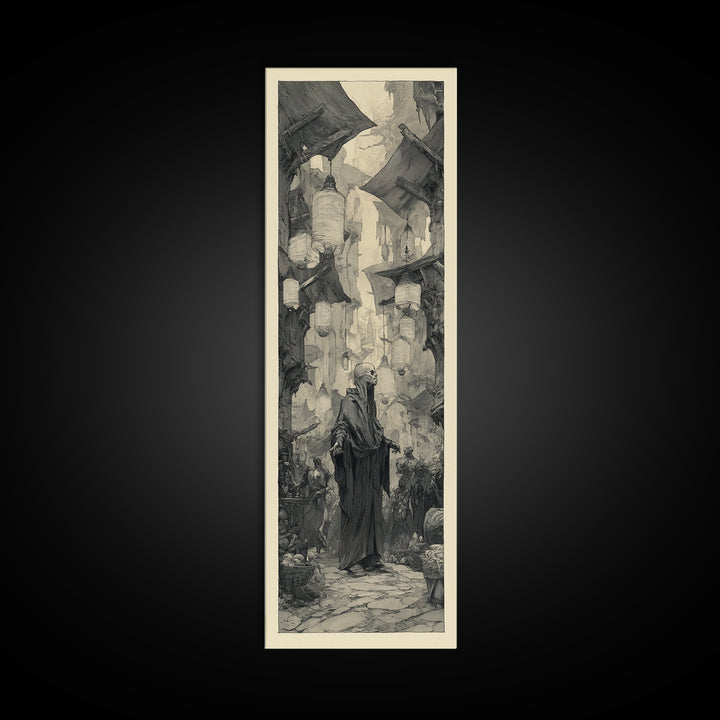 The Lantern Market Beyond The Veil, Expressionist Nightmare Art, Tall Narrow Wall Art, Dark Halloween Decor, Framed Canvas Print