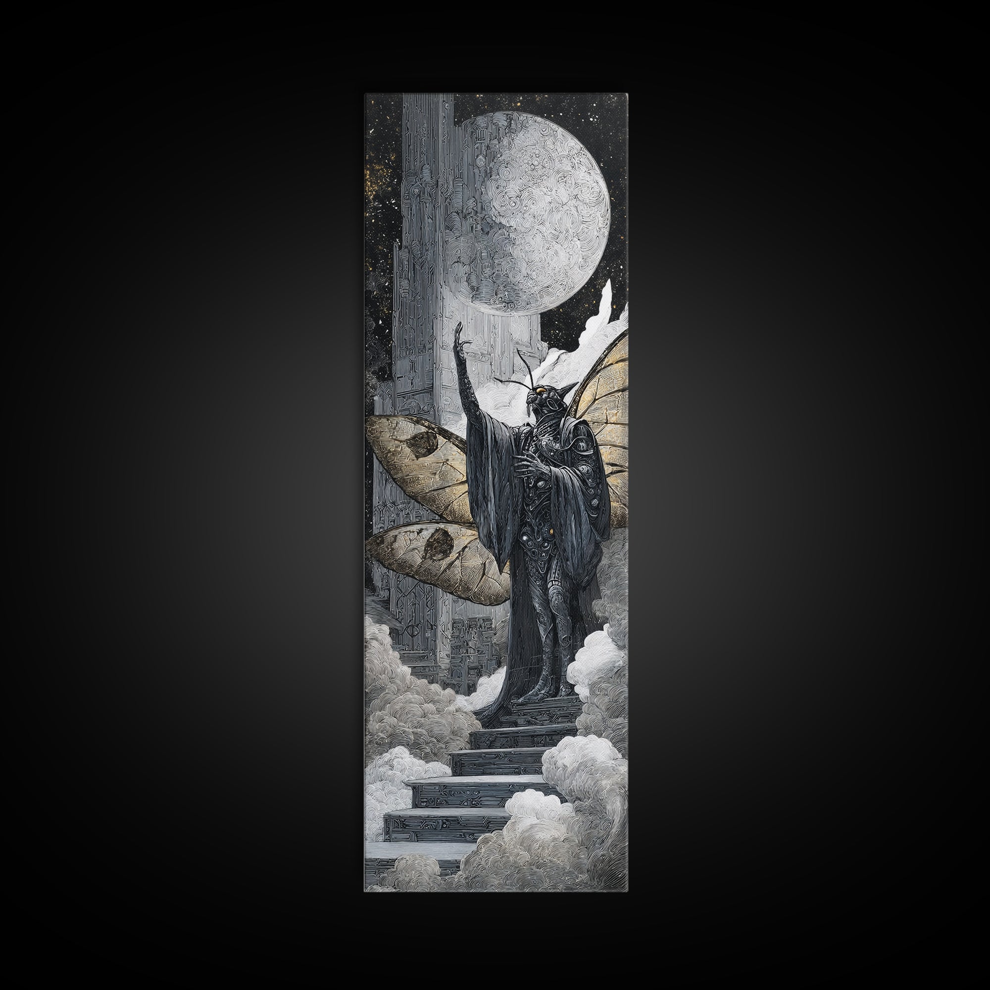 The Moth Prophet Of Kadath, Biomechanical Horror Art, Tall Narrow Wall Art, Cosmic Horror Art, Canvas Print, Halloween Wall Art
