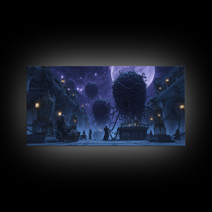 The Moonlit Shoggoth Menagerie, Apocalyptic Romantic Art, Wide Panoramic Art, Lovecraftian Horror Art, Framed Canvas Print, Horror Wall Art