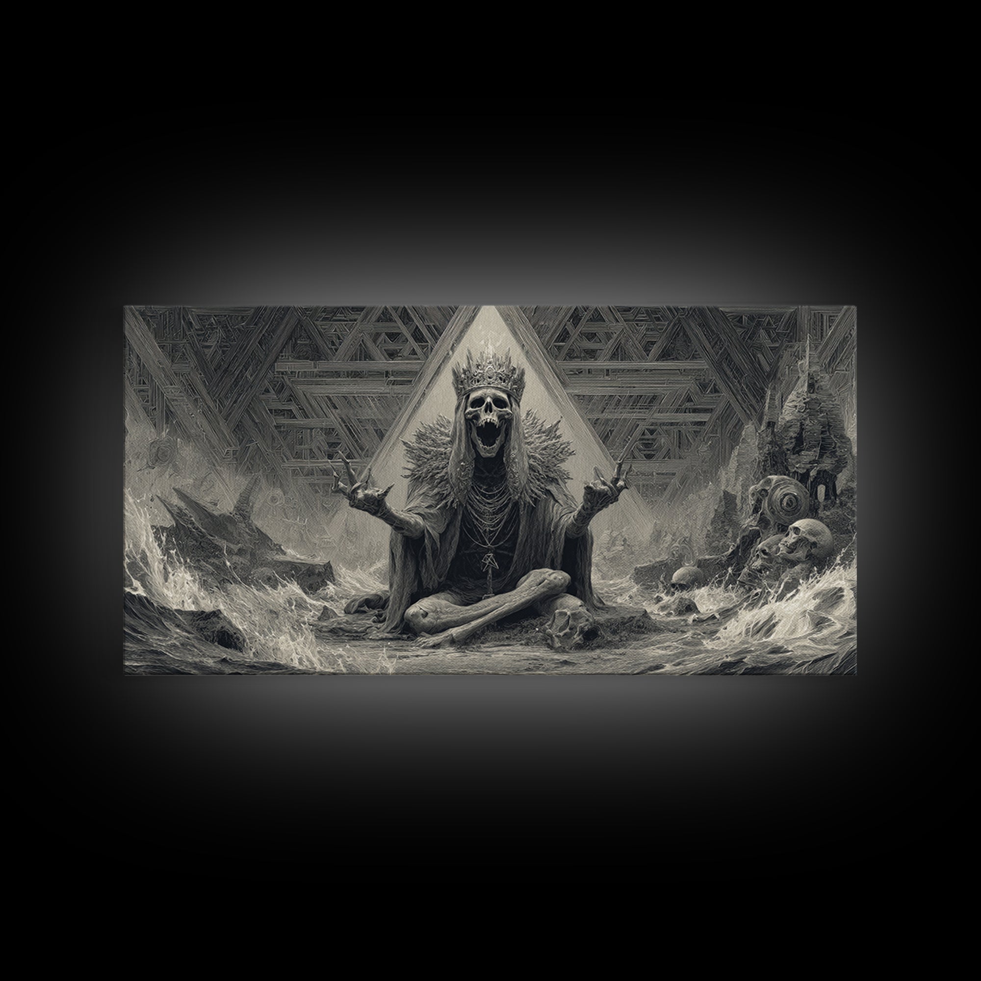 The Salt King Of The Black Shore, Grotesque Carnival Art, Wide Panoramic Art, Dark Halloween Decor, Framed Canvas Print, Horror Wall Art