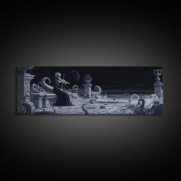 The Violinist Of The Drowned Moon, Biomechanical Horror Art, Extra Wide Wall Art, Cosmic Horror Art, Canvas Print, Halloween Wall Art