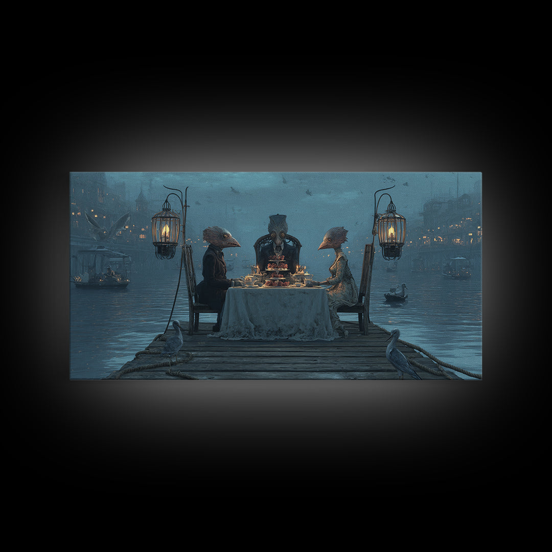 The Tea Party At Innsmouth Pier, Grotesque Carnival Art, Wide Panoramic Art, Dark Fantasy Wall Art, Canvas Print, Halloween Wall Art