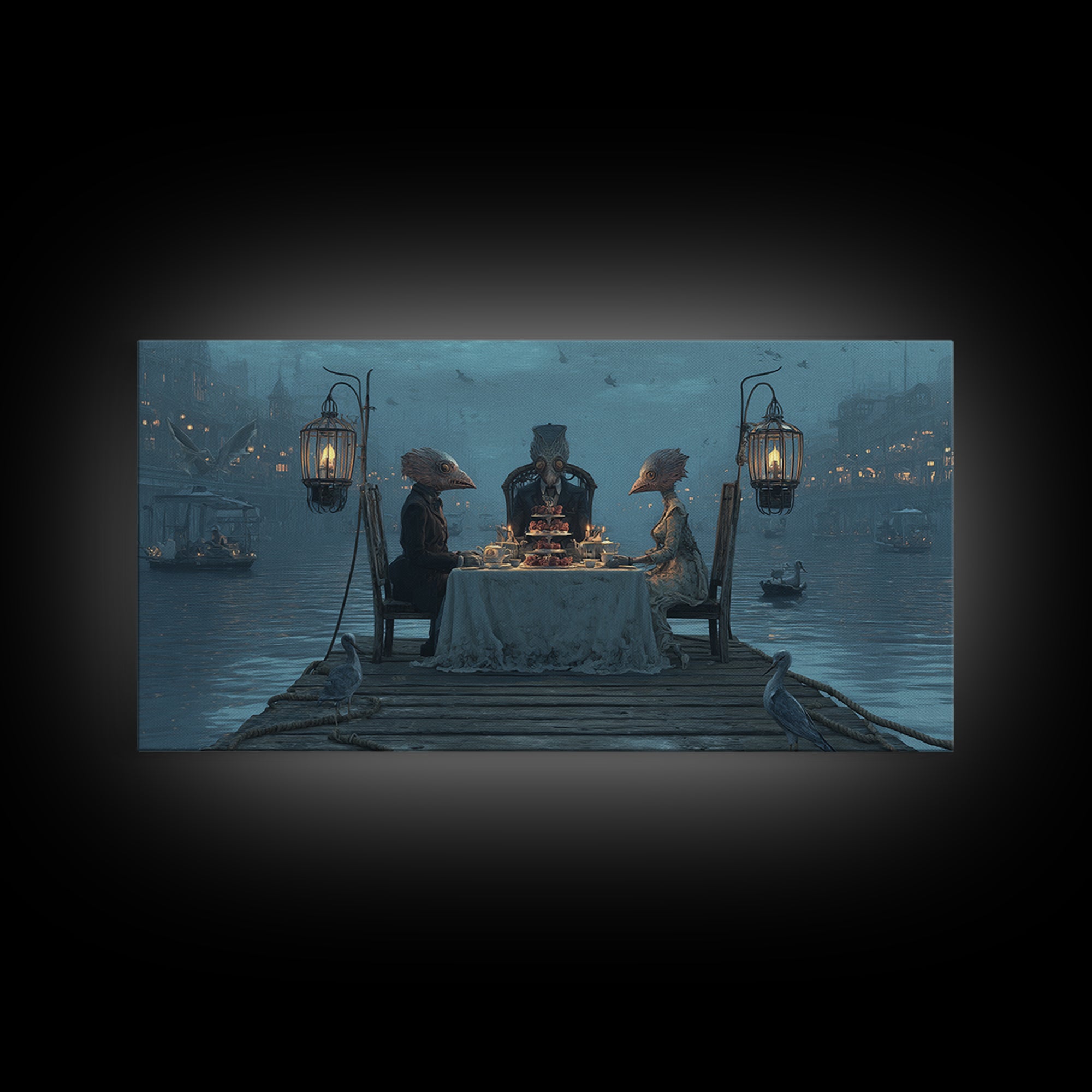 The Tea Party At Innsmouth Pier, Grotesque Carnival Art, Wide Panoramic Art, Dark Fantasy Wall Art, Canvas Print, Halloween Wall Art