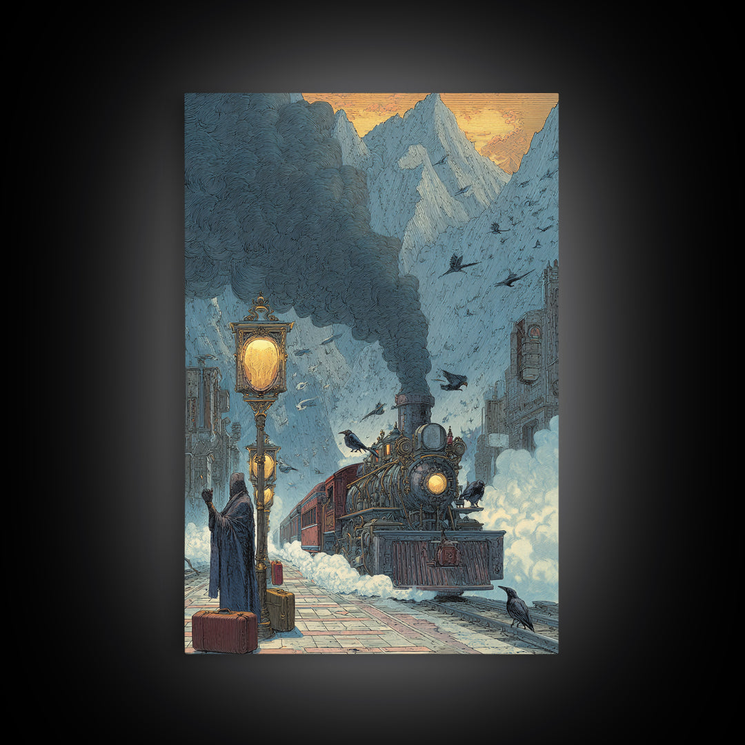 The Phantom Train To Kadath, Ornate Symbolist Art, Vertical Wall Art, Cosmic Horror Art, Canvas Print, Halloween Wall Art