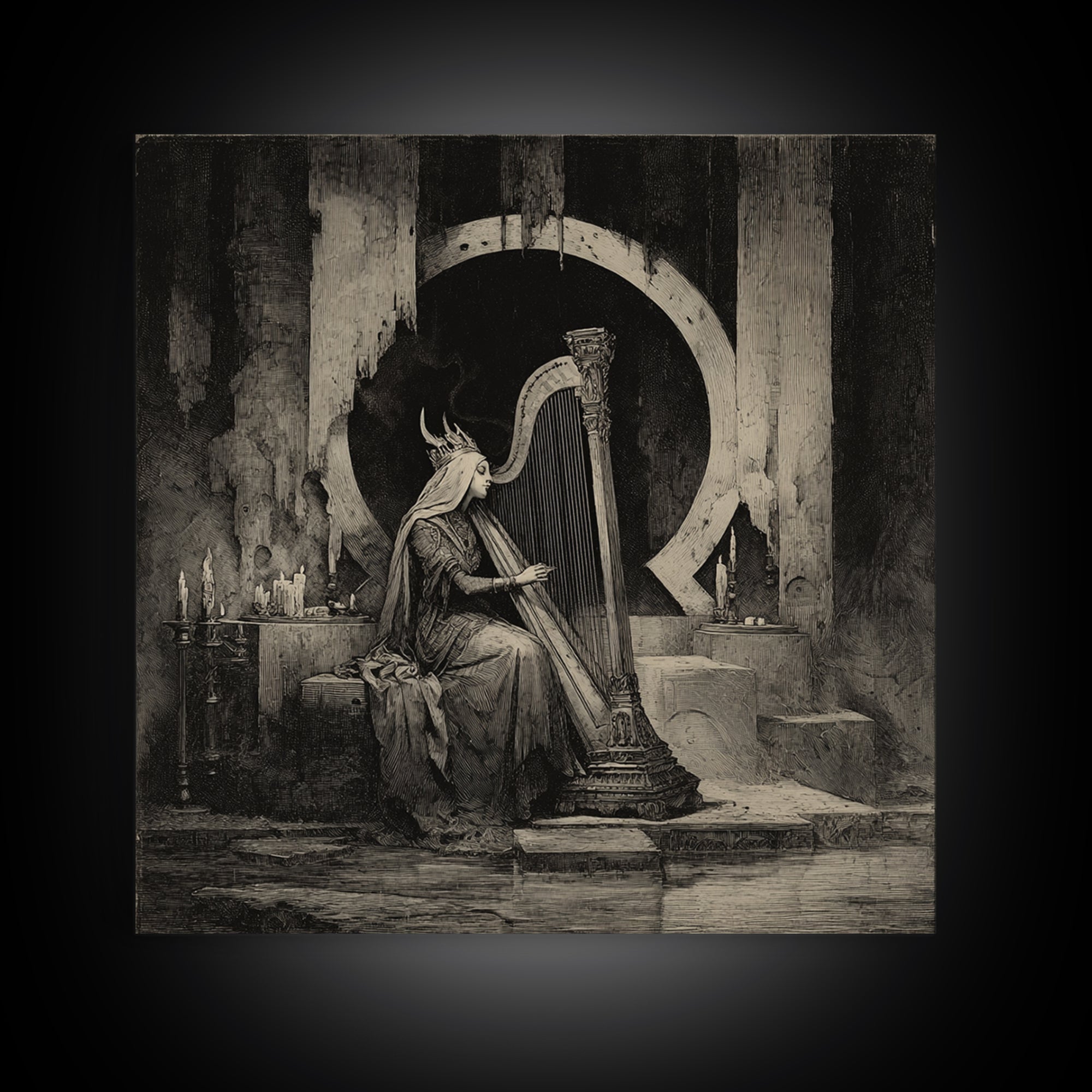 The Harpist Of Abyssal Sleep, Symbolist Dream Art, Square Wall Art, Dark Halloween Decor, Framed Canvas Print, Halloween Wall Art