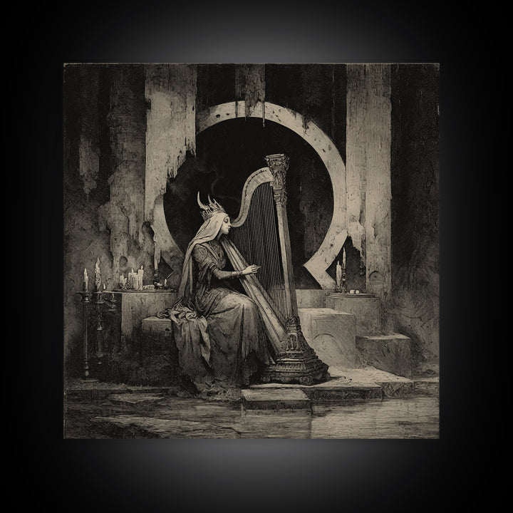 The Harpist Of Abyssal Sleep, Symbolist Dream Art, Square Wall Art, Dark Halloween Decor, Framed Canvas Print, Halloween Wall Art