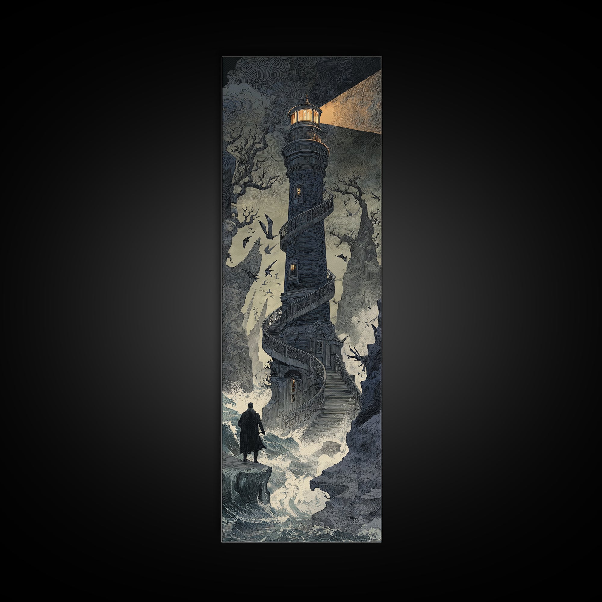 The Last Lighthouse Of Y’Ha-Nthlei, Symbolist Gothic Landscape, Tall Narrow Wall Art, Cosmic Horror Art, Canvas Print, Halloween Wall Art