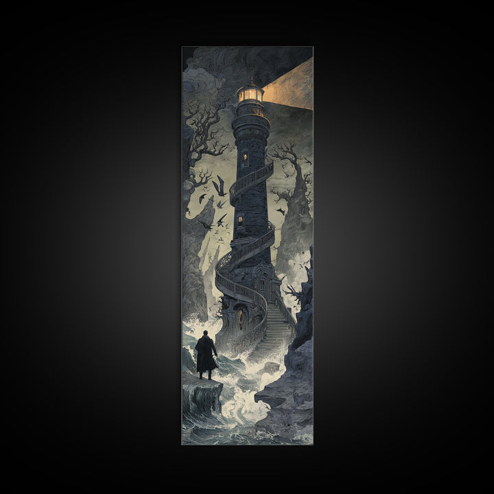 The Last Lighthouse Of Y’Ha-Nthlei, Symbolist Gothic Landscape, Tall Narrow Wall Art, Cosmic Horror Art, Canvas Print, Halloween Wall Art