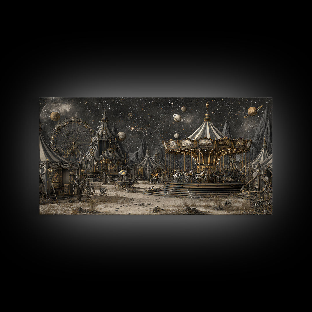 The Carousel Of Sleeping Planets, Apocalyptic Romantic Art, Wide Panoramic Art, Dark Halloween Decor, Framed Canvas Print