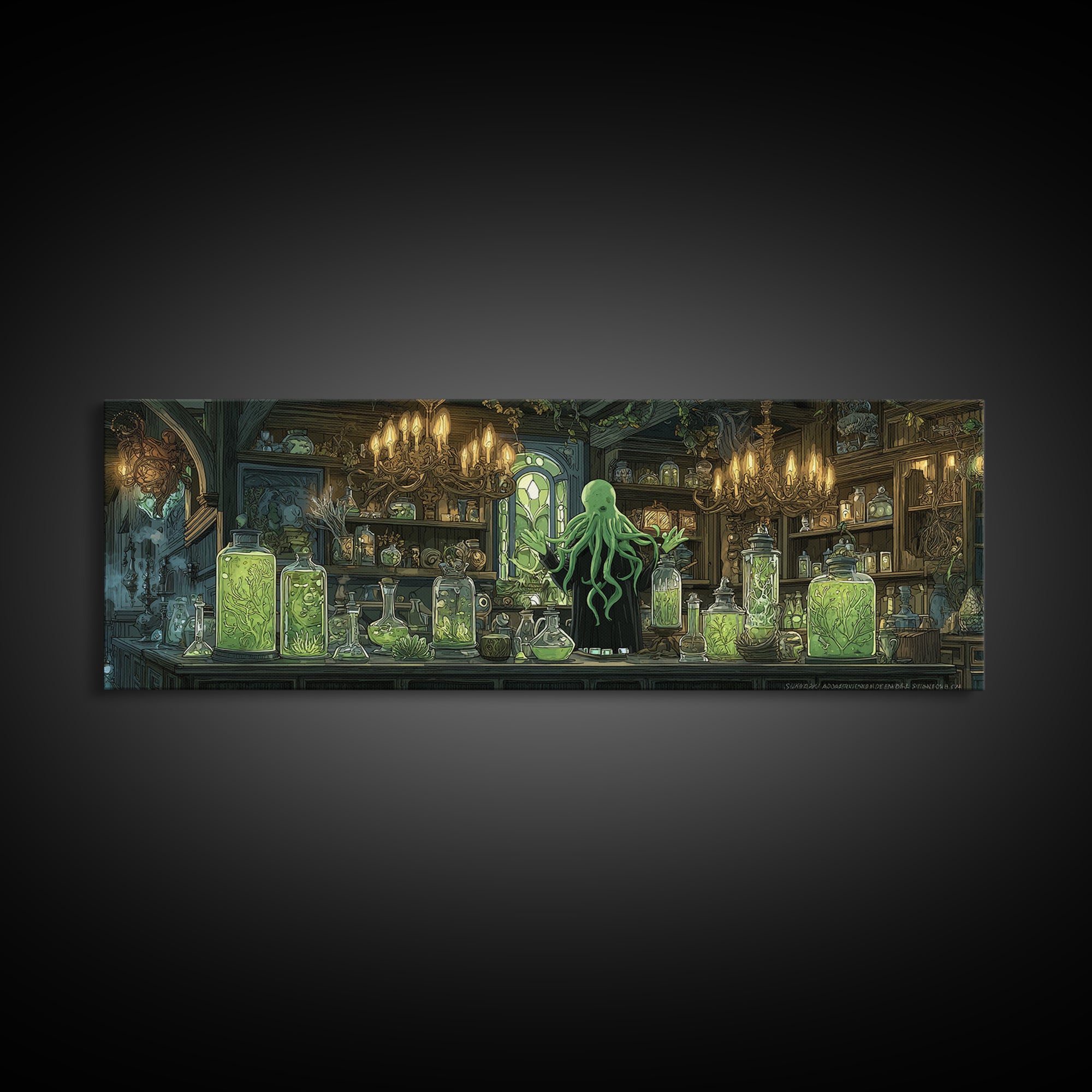 The Apothecary Of Black Seashell Dreams, Gothic Storybook Art, Extra Wide Wall Art, Eldritch Wall Decor, Framed Canvas Print