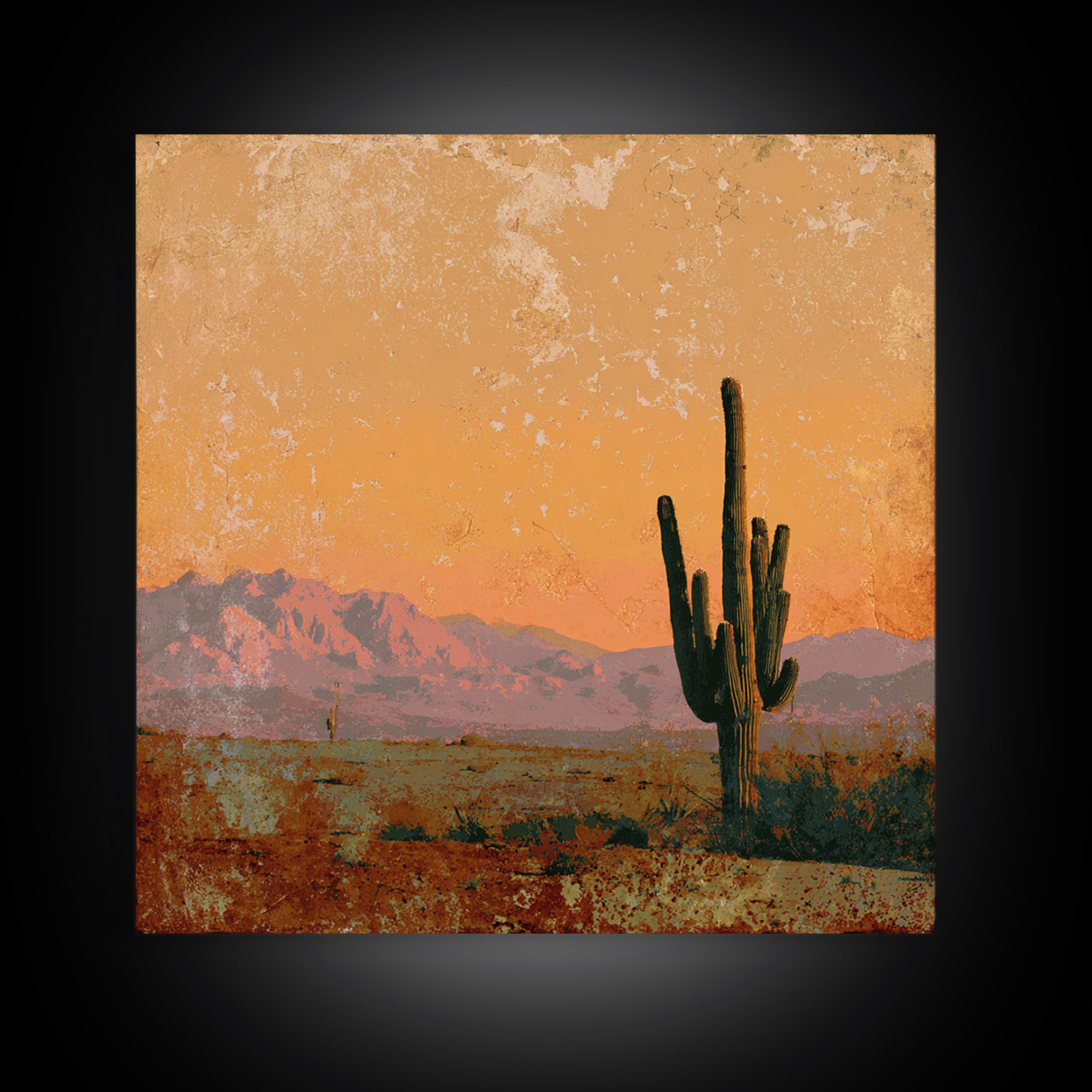 Saguaro Cactus under Orange Sunset Sky Framed Canvas Print, Desert Art, Textured Painting, Southwestern Decor, Fine Art, Desert, DES-1x1-1