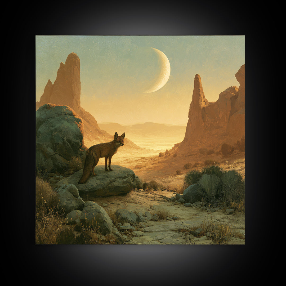 Desert Fox Beneath a Crescent Moon Canvas Print, Desert Art, Luxury Decor, Southwestern Decor, Fine Art, Desert, DES-1x1-17