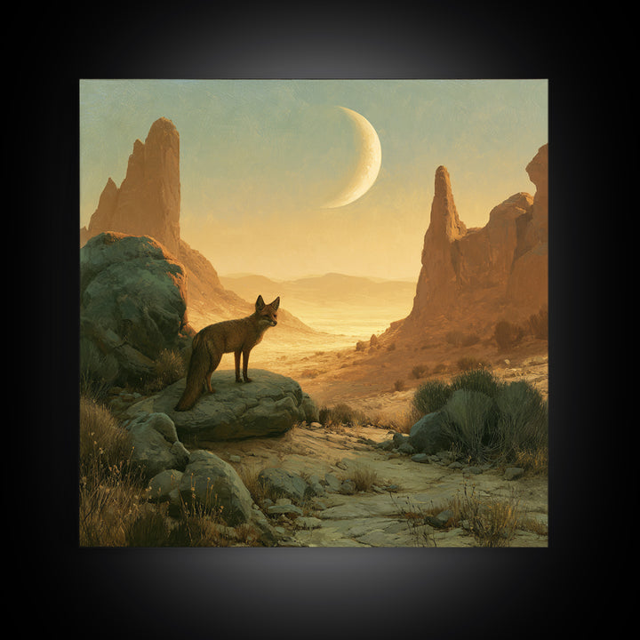 Desert Fox Beneath a Crescent Moon Canvas Print, Desert Art, Luxury Decor, Southwestern Decor, Fine Art, Desert, DES-1x1-17