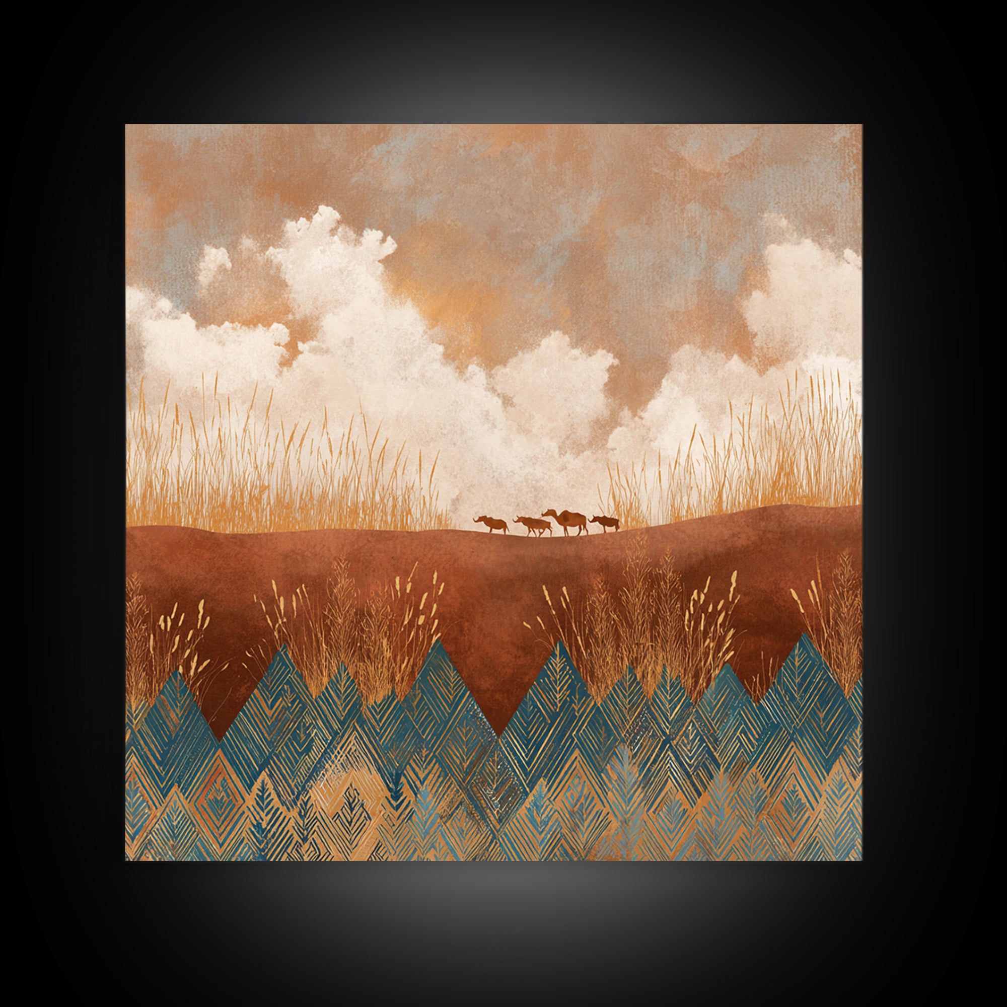 Saharan Dunes with Tiny Caravan Silhouettes Framed Canvas Print, Desert Art, Colorful Wall Art, Southwestern Decor, DES-1x1-2