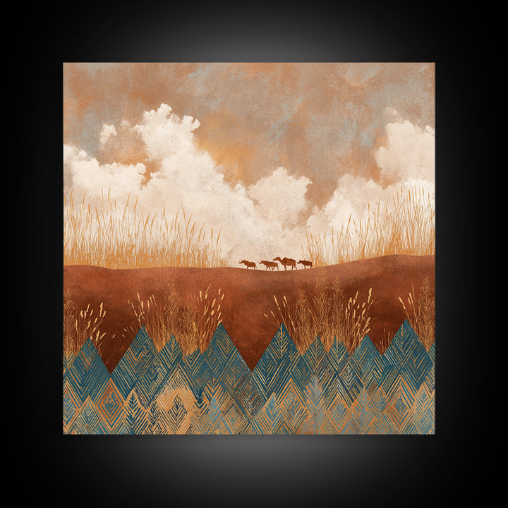 Saharan Dunes with Tiny Caravan Silhouettes Framed Canvas Print, Desert Art, Colorful Wall Art, Southwestern Decor, DES-1x1-2