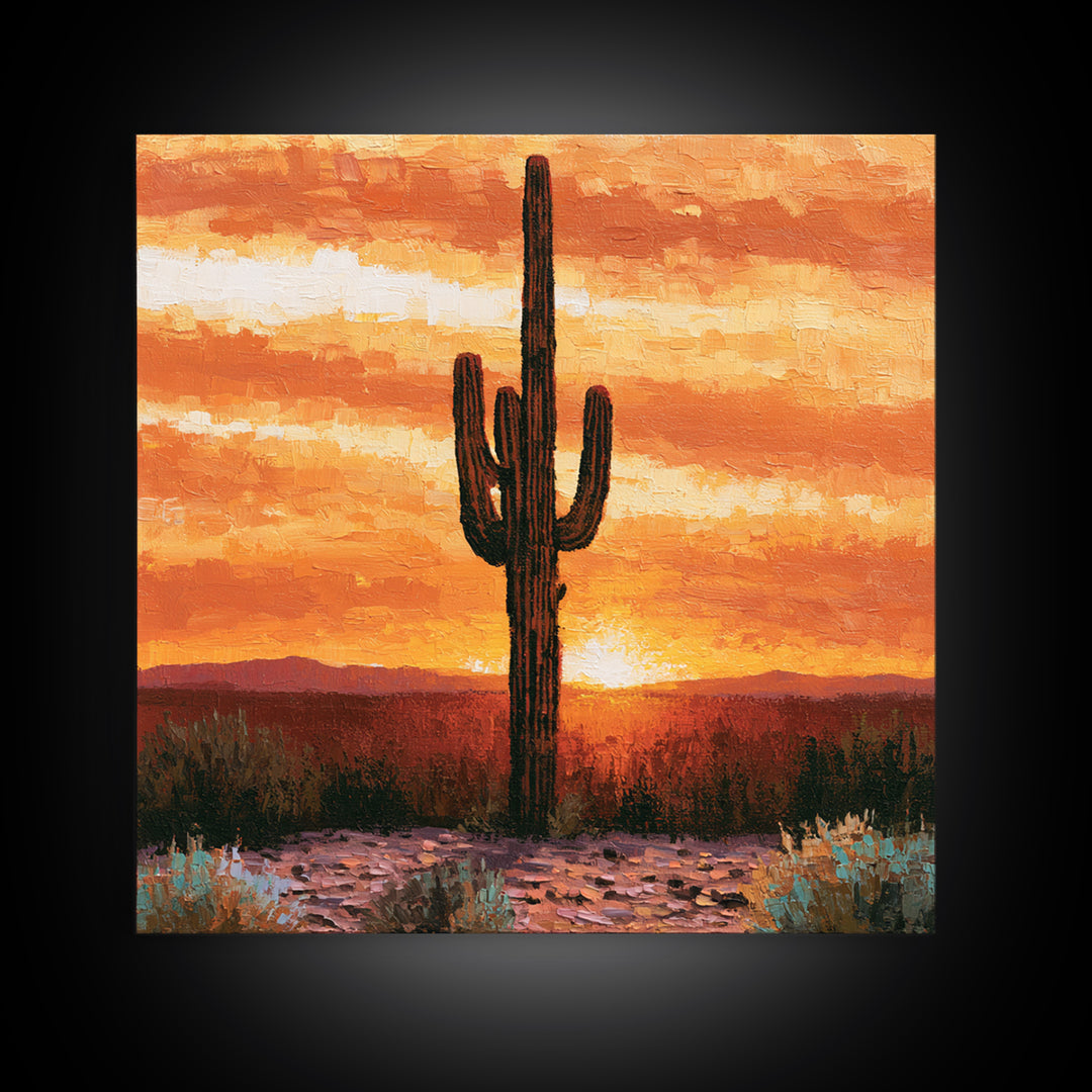 Saguaro Cactus under Orange Sunset Sky Canvas Print, Desert Art, Wall Decor, Southwestern Decor, Desert, Living Room Decor, DES-1x1-25