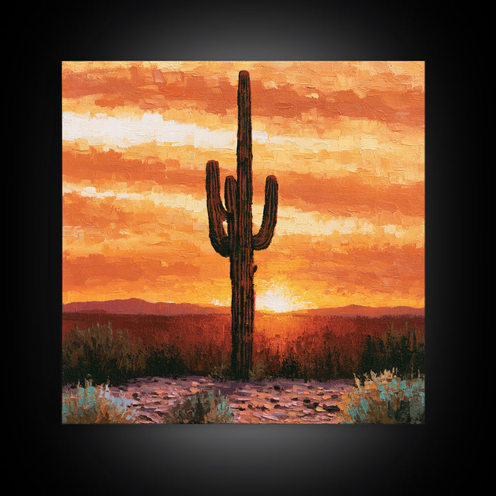 Saguaro Cactus under Orange Sunset Sky Canvas Print, Desert Art, Wall Decor, Southwestern Decor, Desert, Living Room Decor, DES-1x1-25