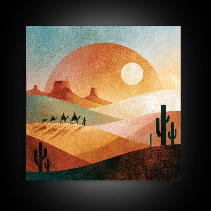 Saharan Dunes with Tiny Caravan Silhouettes Canvas Print, Desert Art, Neutral Decor, Southwestern Decor, Fine Art, Desert, DES-1x1-26