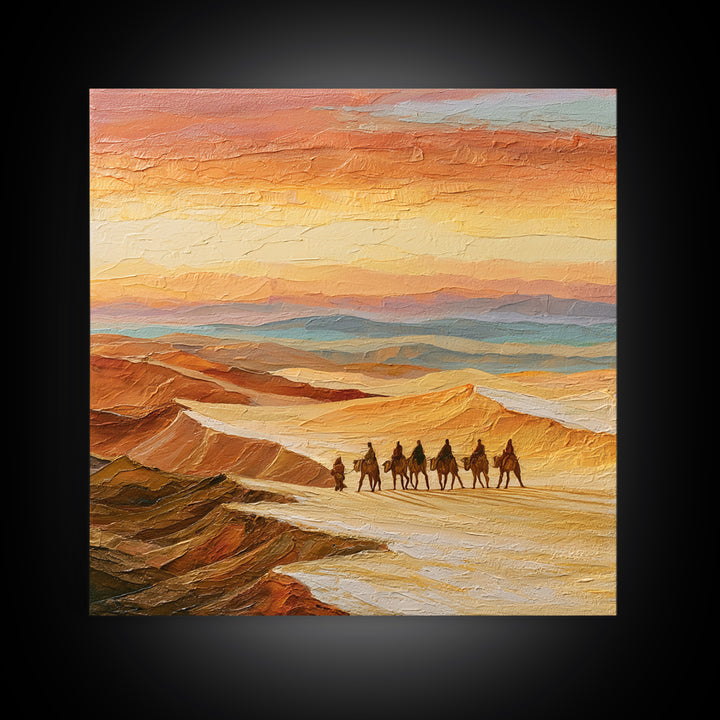Camel Caravan Crossing Golden Dunes Canvas Print, Desert Art, Western Decor, Southwestern Decor, Fine Art, Desert, Modern Decor, DES-1x1-31