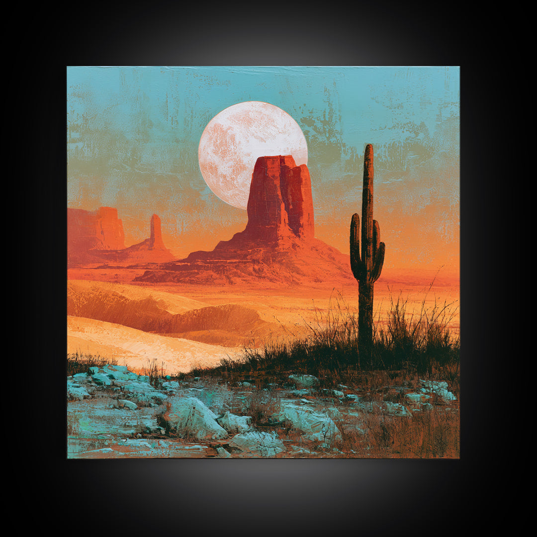 Desert Moon over Rolling Sand Framed Canvas Print, Desert Art, Fine Art Print, Southwestern Decor, Watercolor Art, Desert, DES-1x1-34