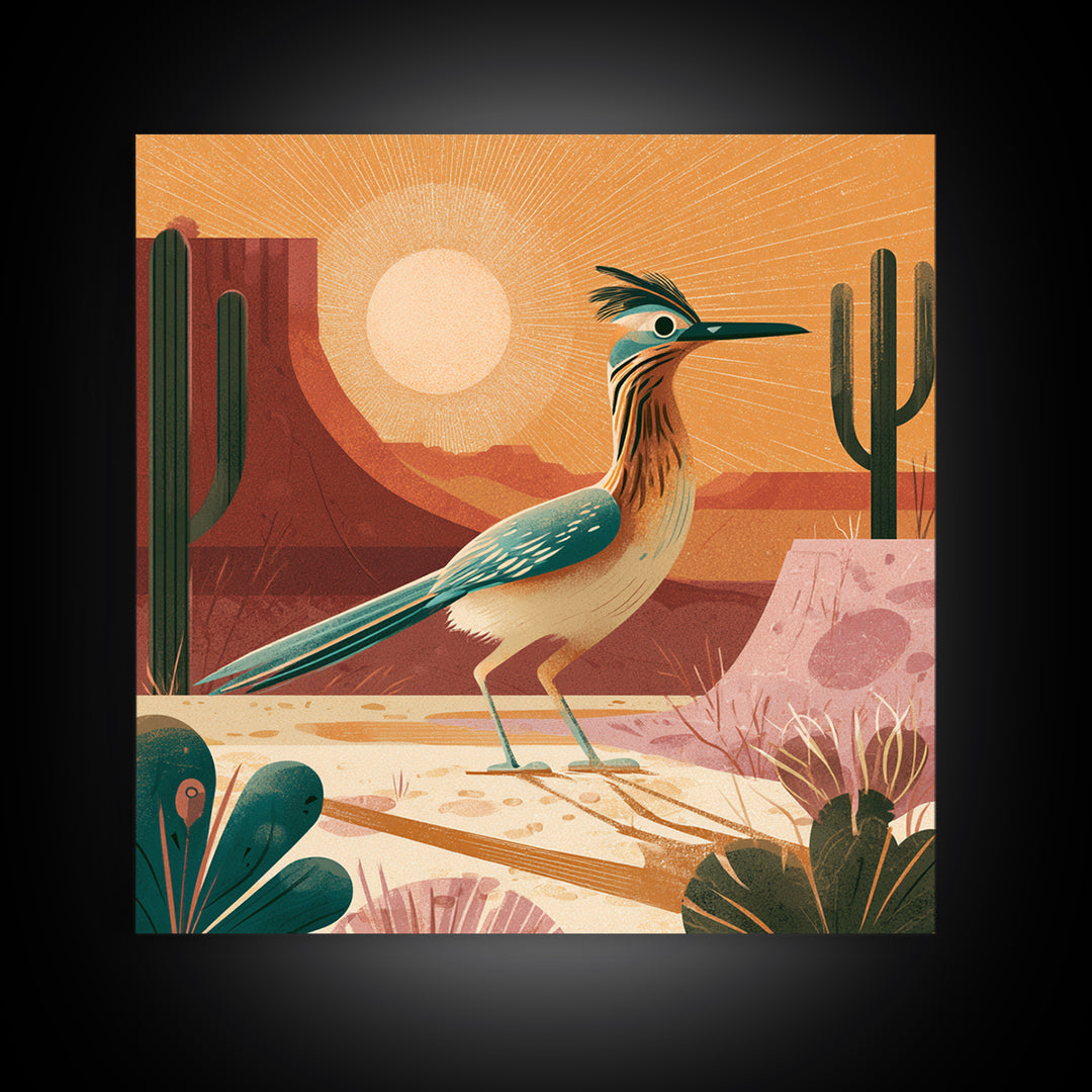 Roadrunner Bird in a Dry Wash Framed Canvas Print, Desert Art, Statement Artwork, Southwestern Decor, Fine Art, Desert, DES-1x1-38