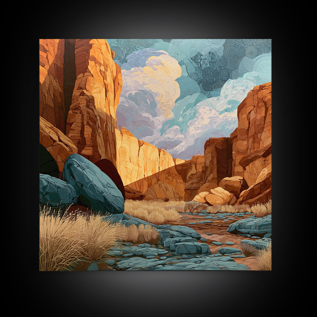 Sandstone Canyon with Dramatic Light Beam Framed Canvas Print, Desert Art, Textured Painting, Southwestern Decor, Desert, DES-1x1-40