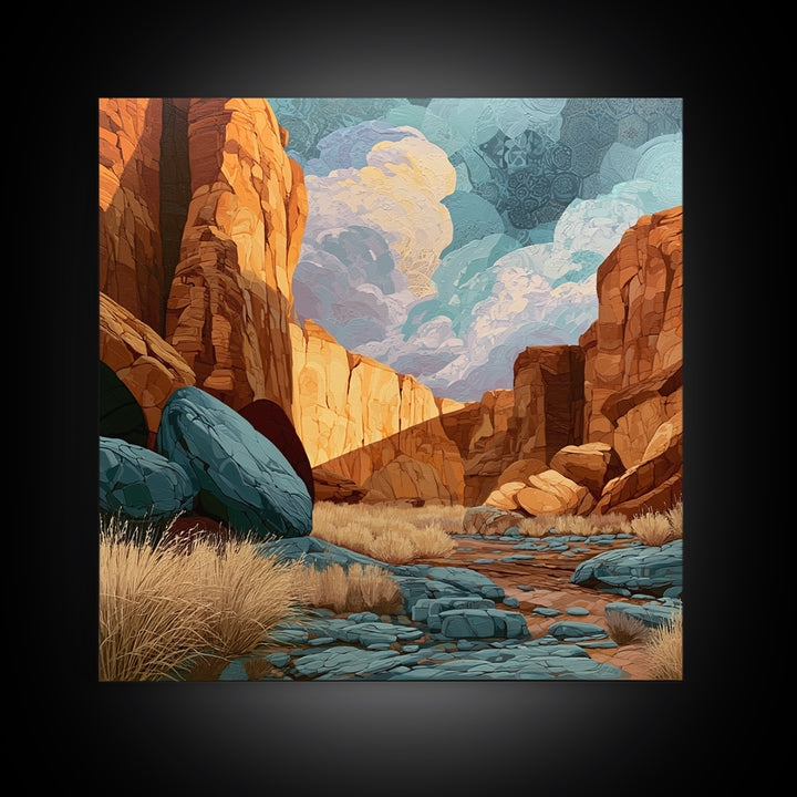 Sandstone Canyon with Dramatic Light Beam Framed Canvas Print, Desert Art, Textured Painting, Southwestern Decor, Desert, DES-1x1-40