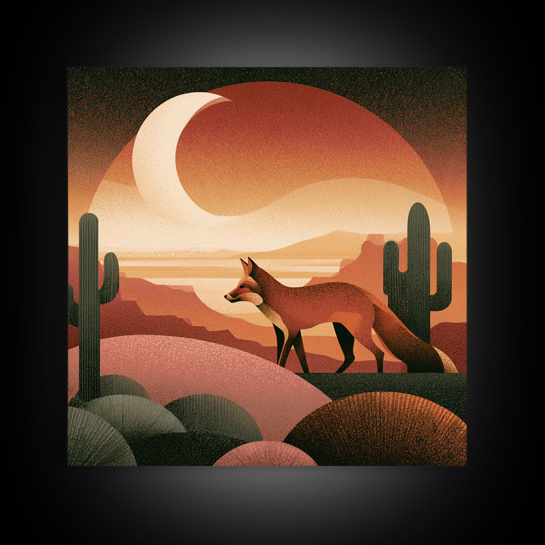 Desert Fox Beneath a Crescent Moon Framed Canvas Print, Desert Art, Wall Art, Southwestern Decor, Oil Painting, Desert, DES-1x1-41