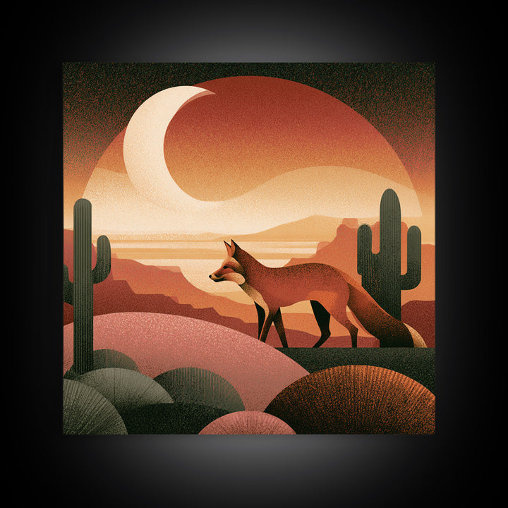 Desert Fox Beneath a Crescent Moon Framed Canvas Print, Desert Art, Wall Art, Southwestern Decor, Oil Painting, Desert, DES-1x1-41
