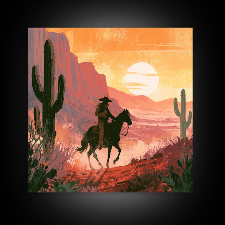 Dusty Horseback Rider at Sunset Framed Canvas Print, Desert Art, Modern Wall Art, Southwestern Decor, Fine Art, Desert, DES-1x1-47